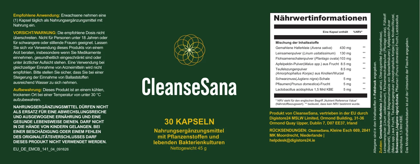 CleanseSana Etikett mit Nährwertinformationen