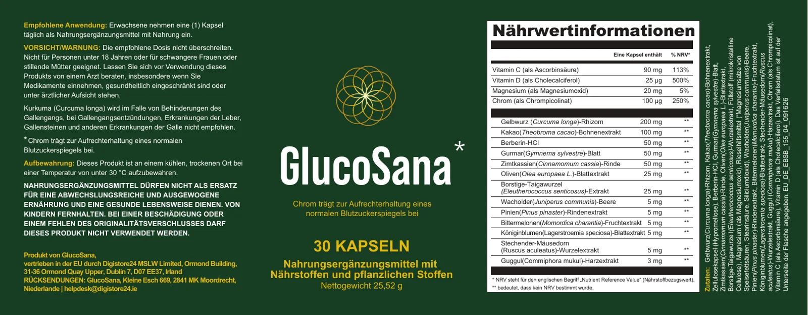 GlucoSana Etikett mit Nährwertinformationen
