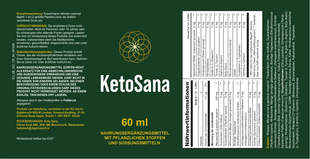 KetoSana Tropfen Etikett mit Nährwertinformationen
