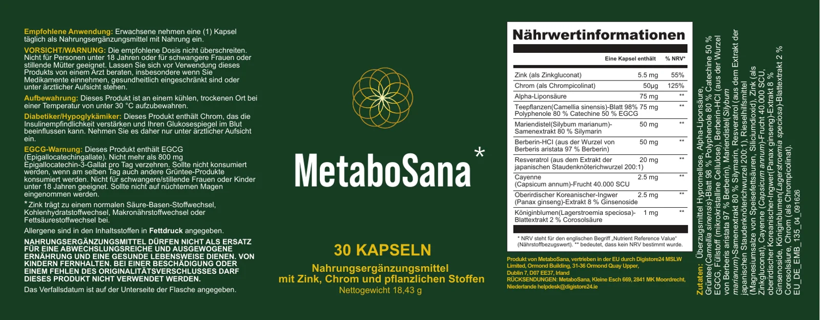 MetaboSana Etikett mit Nährwertinformationen
