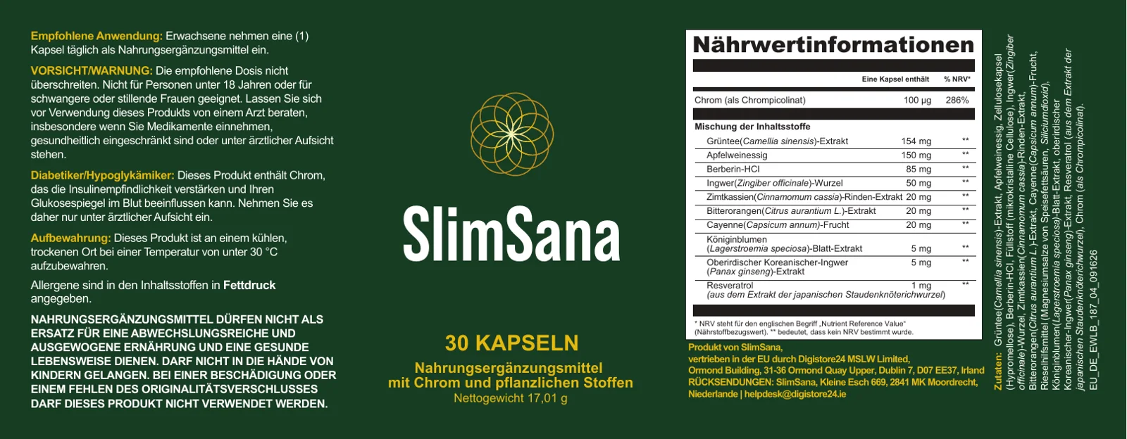 SlimSana Etikett mit Nährwertinformationen